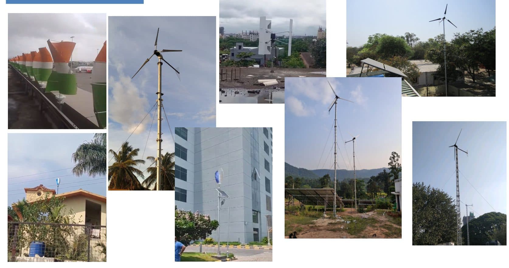 Collage of installed small wind turbines on towers, rooftops, and solar sites